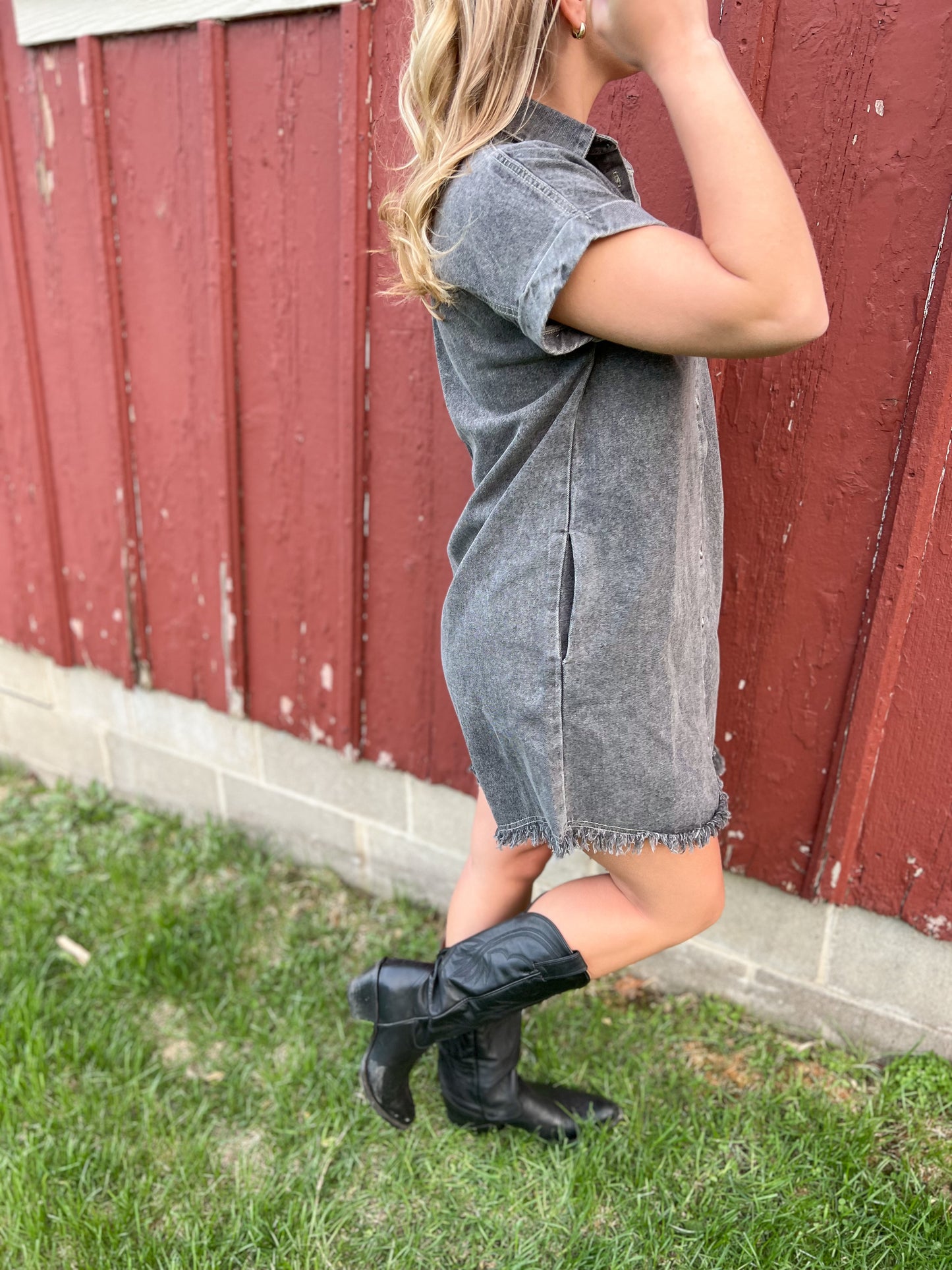 Frayed Hem Denim Dress - Black
