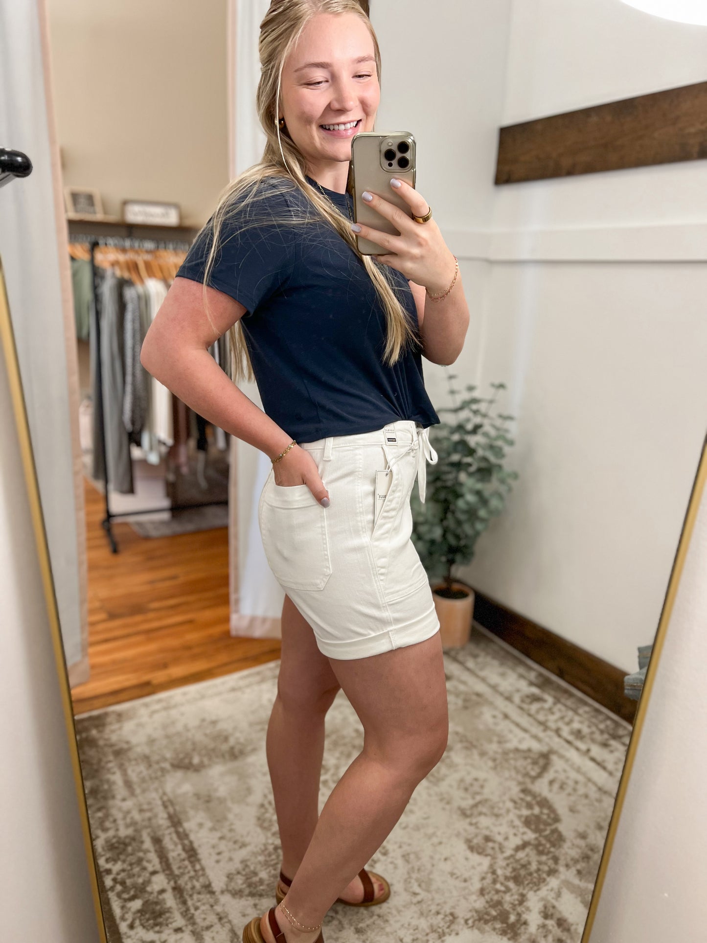 Cuffed Drawstring Denim Shorts - White