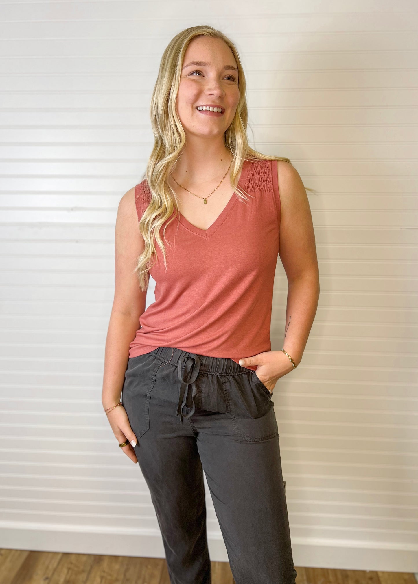 Smocked Shoulder V-Neck Tank - Terracotta