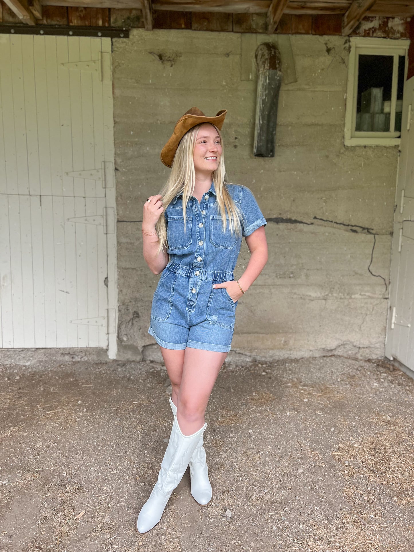Washed Denim Romper - Medium Wash