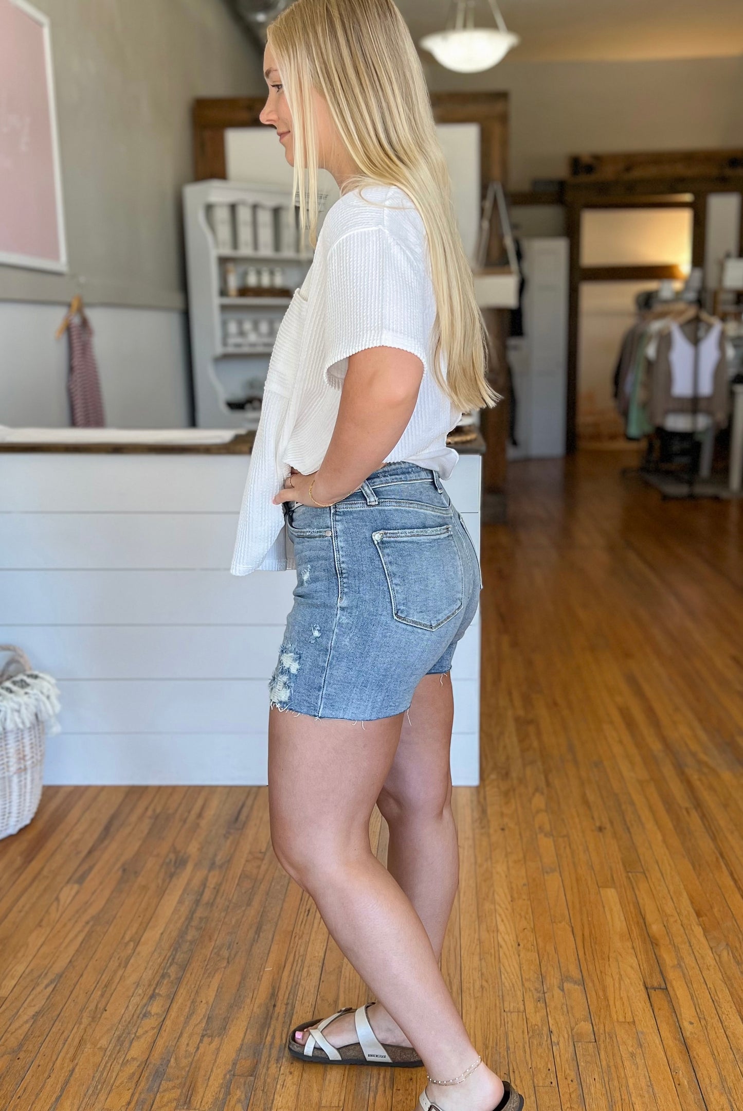 Distressed High Rise Denim Shorts
