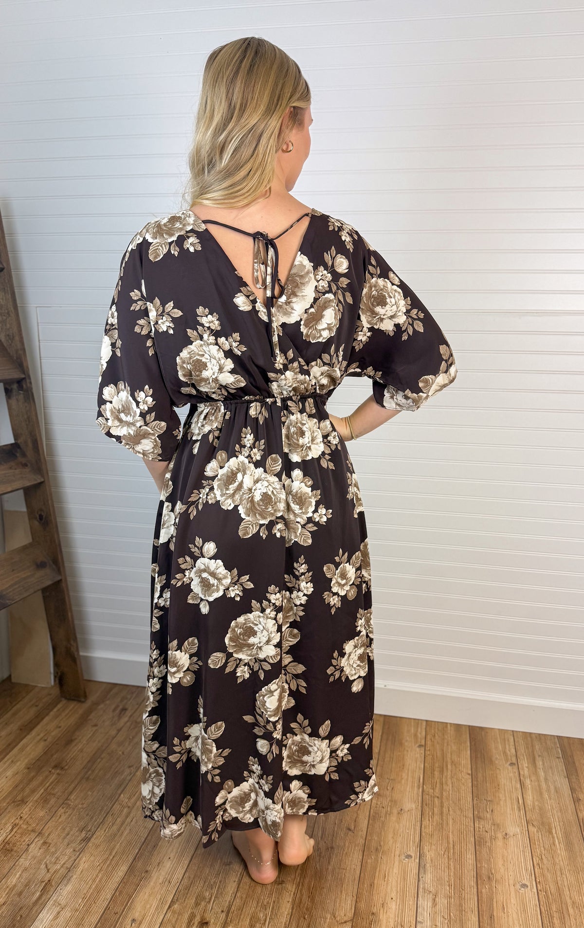 Surplice Floral Midi Wrap Dress - Brown/Beige
