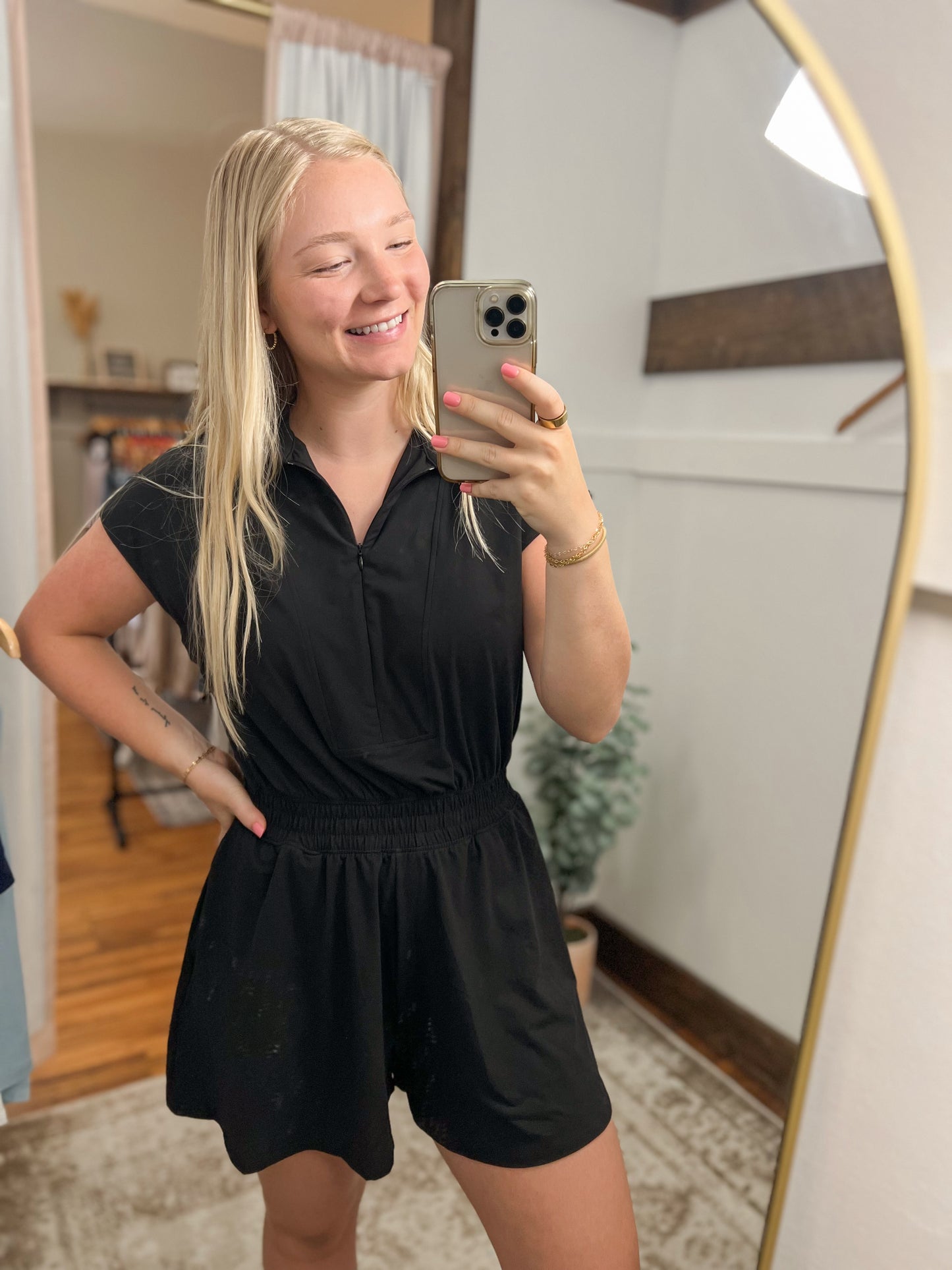 Short Sleeve Quarter Zip Romper - Black