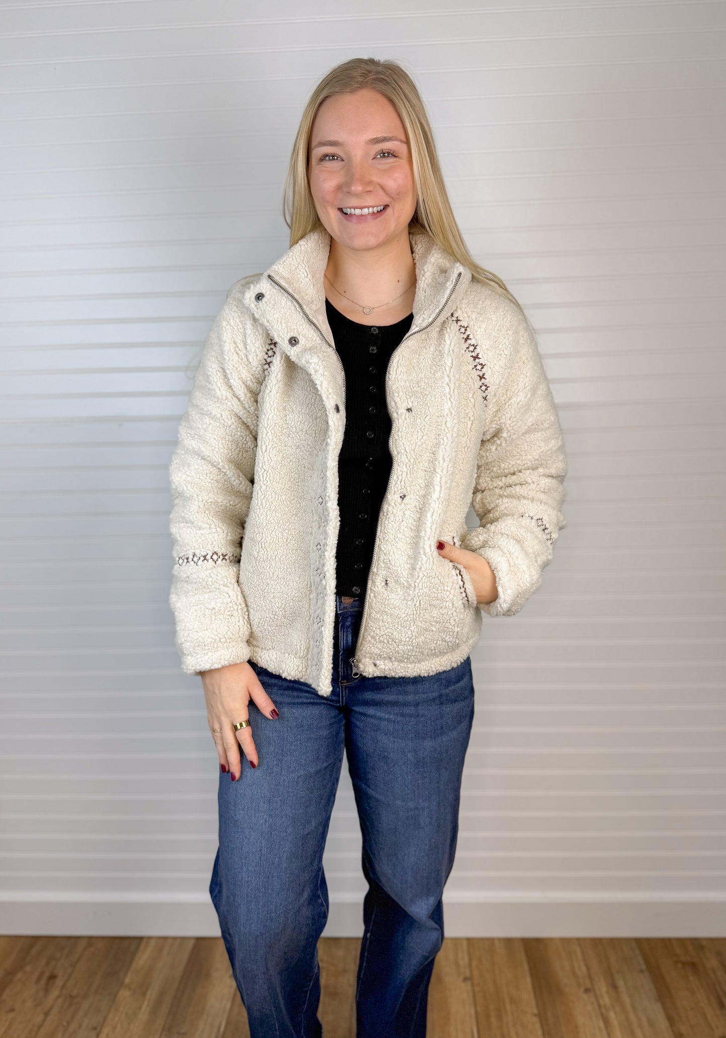 Embroidery Detail Fleece Jacket - Oatmeal