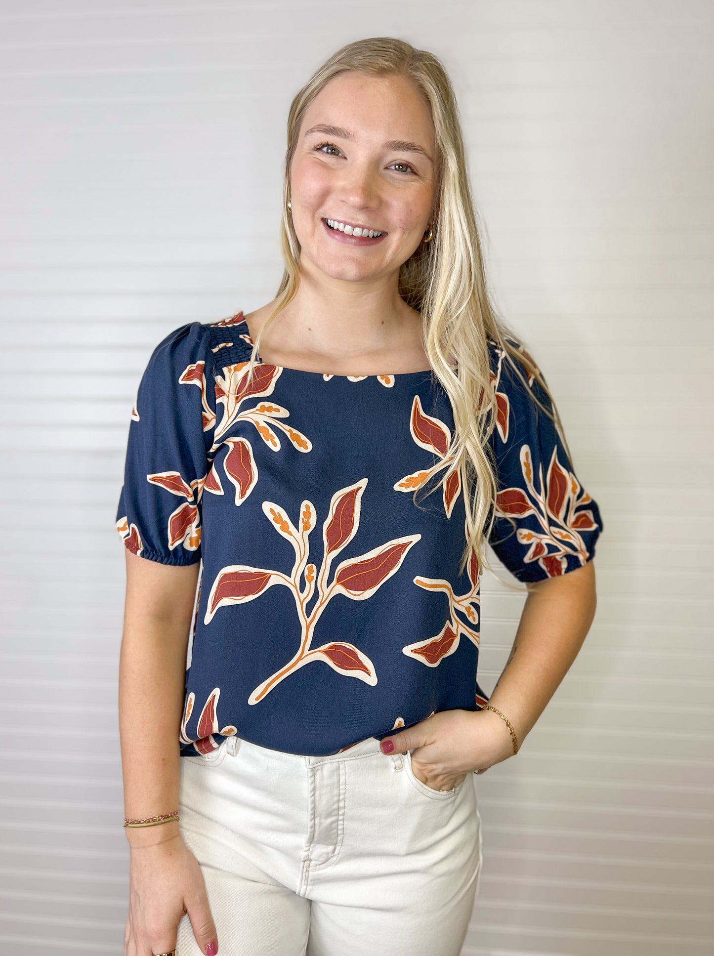 Square Neck Smocked Floral Top - Navy
