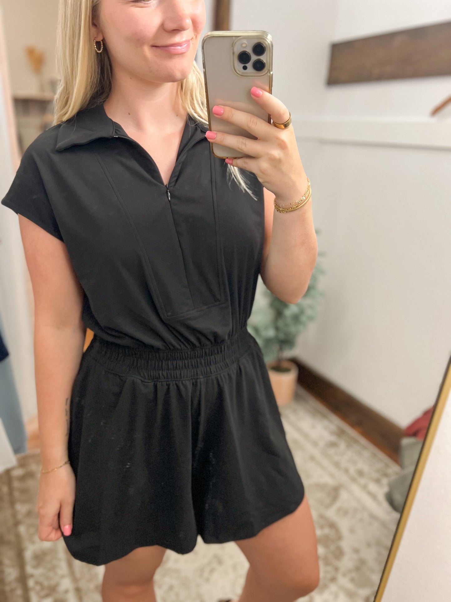Short Sleeve Quarter Zip Romper - Black