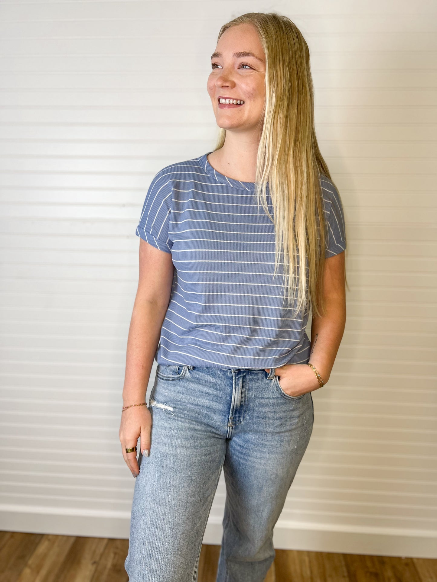 Boat Neck Striped Thermal Tee - Blue