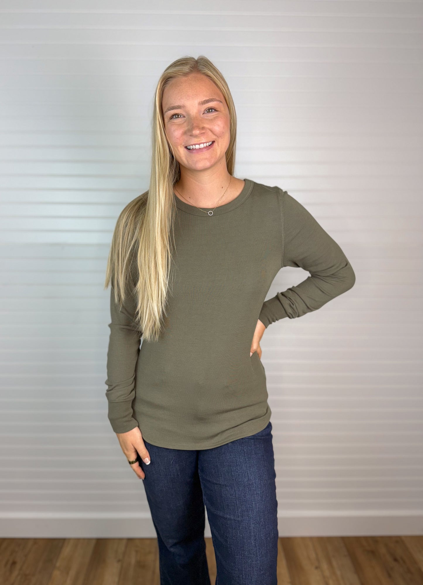 Basic Ribbed Long Sleeve Top - Olive