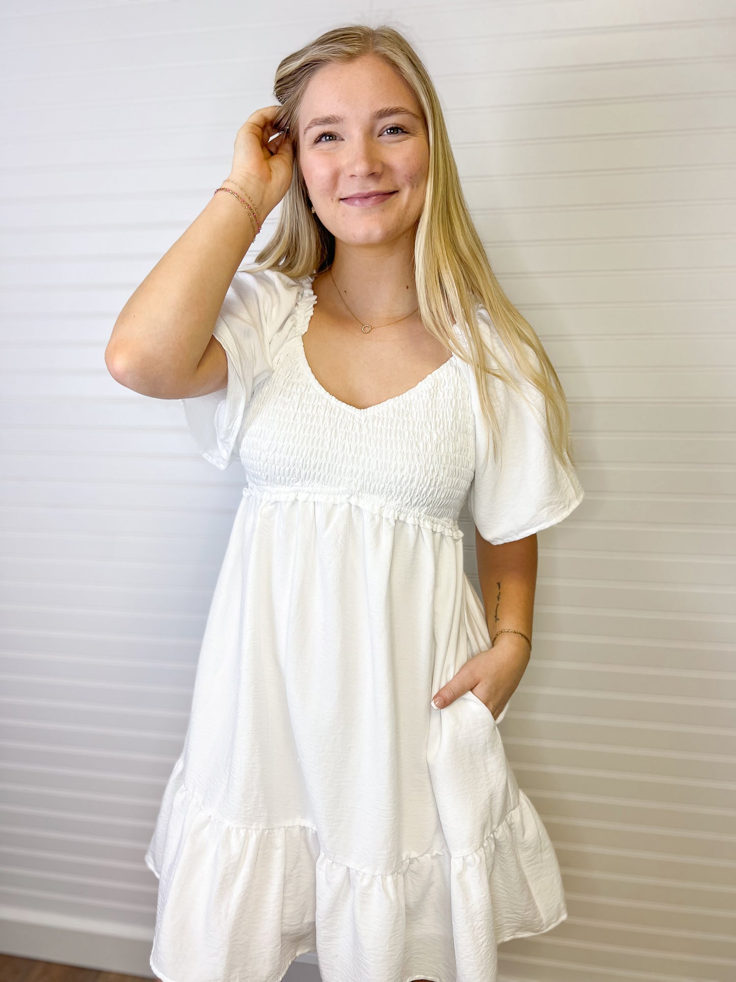 Flare Smocked Mini Dress - Off White