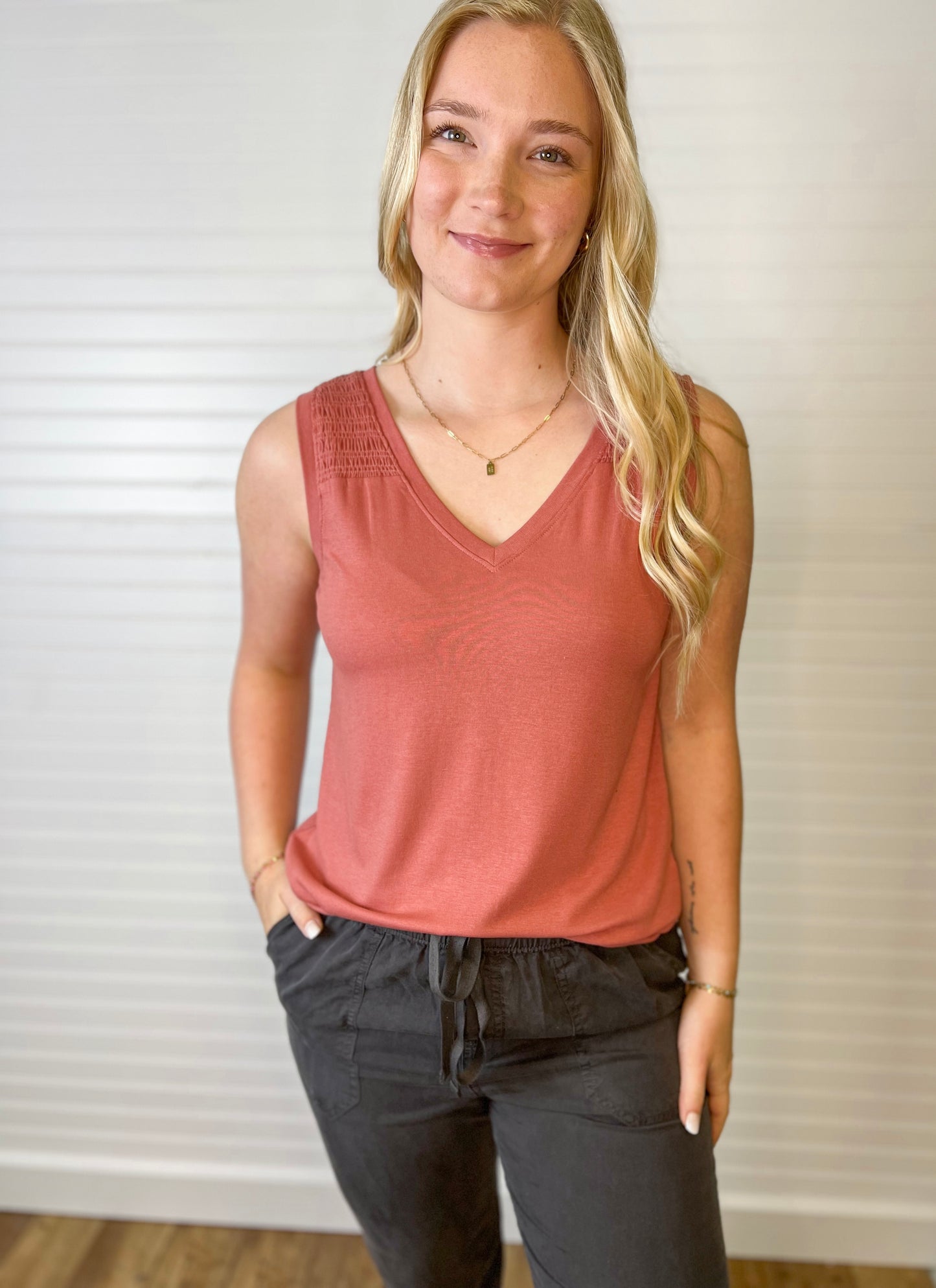 Smocked Shoulder V-Neck Tank - Terracotta