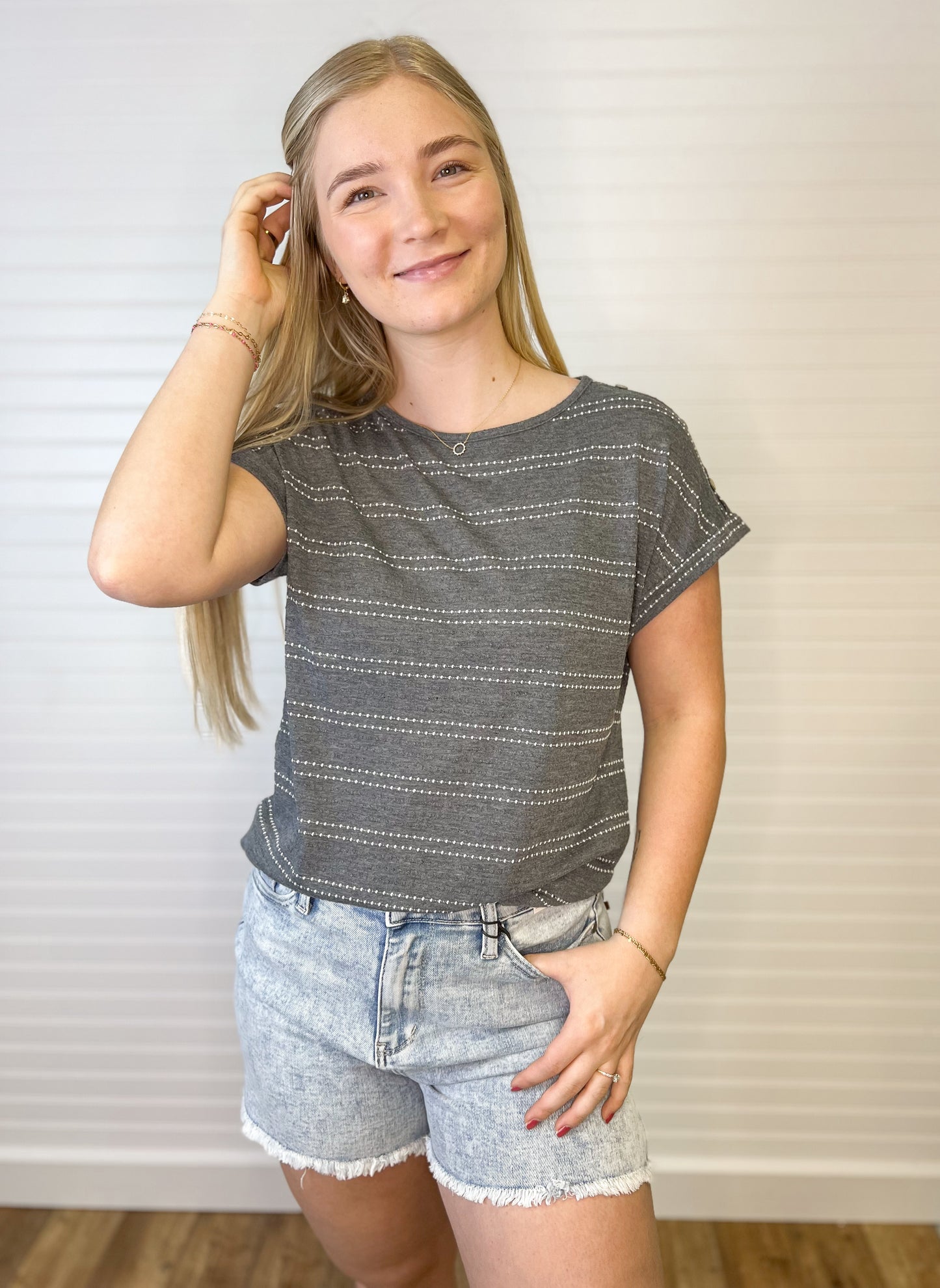 Button Shoulder Striped Tee - Charcoal
