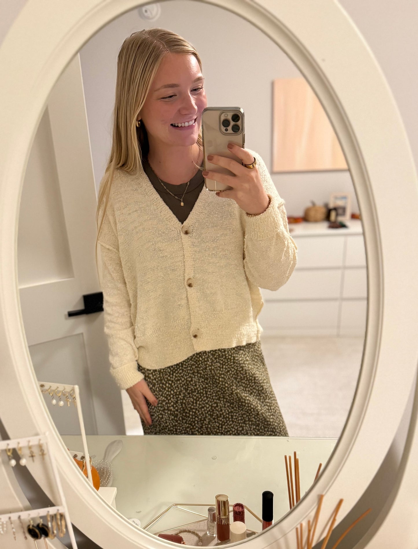 Button Front Drop Shoulder Cardigan - Cream