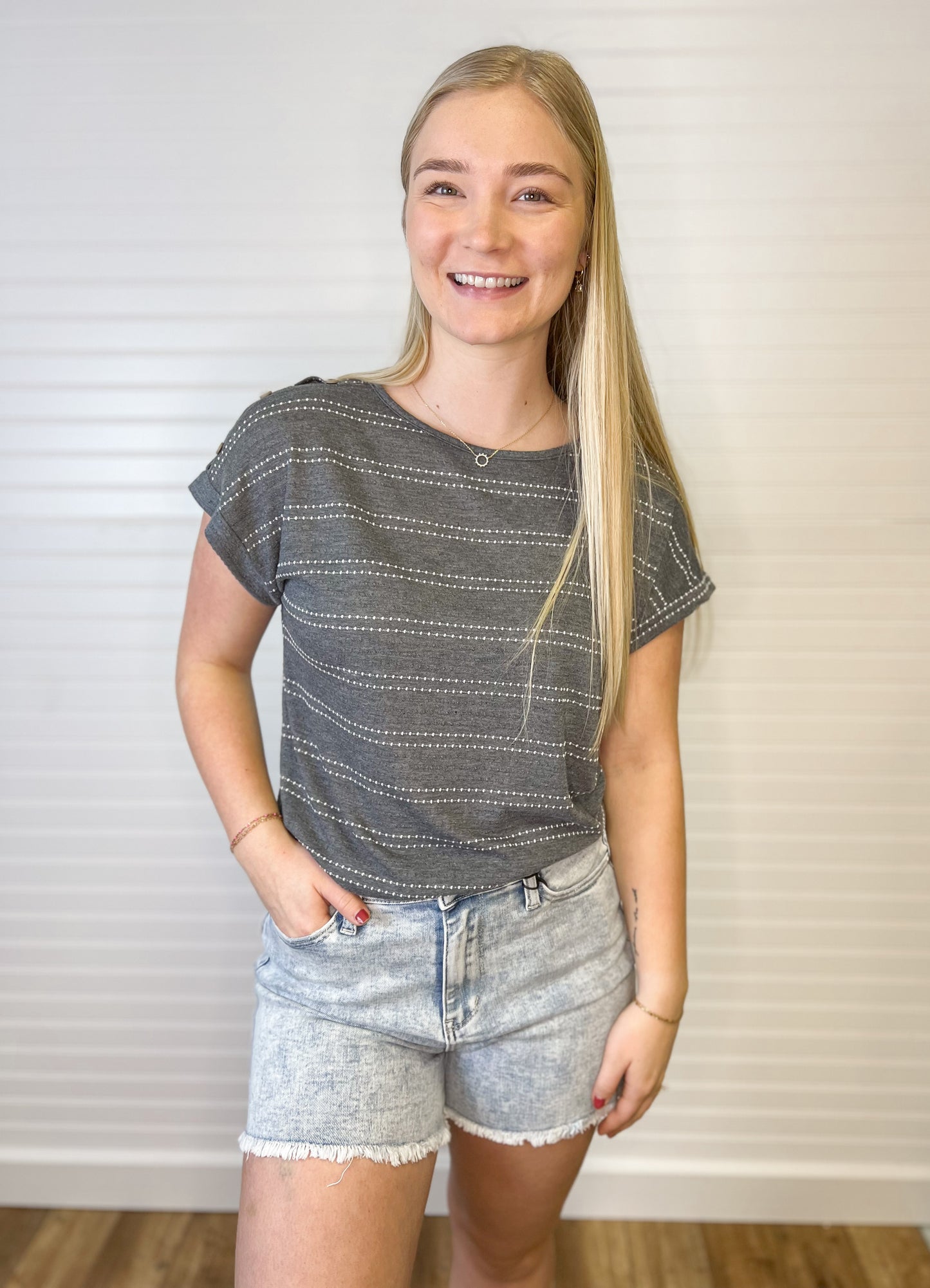 Button Shoulder Striped Tee - Charcoal