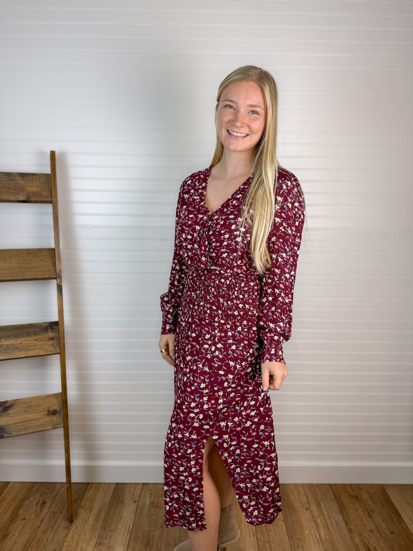 Floral Wrap Smocked Midi Dress - Wine