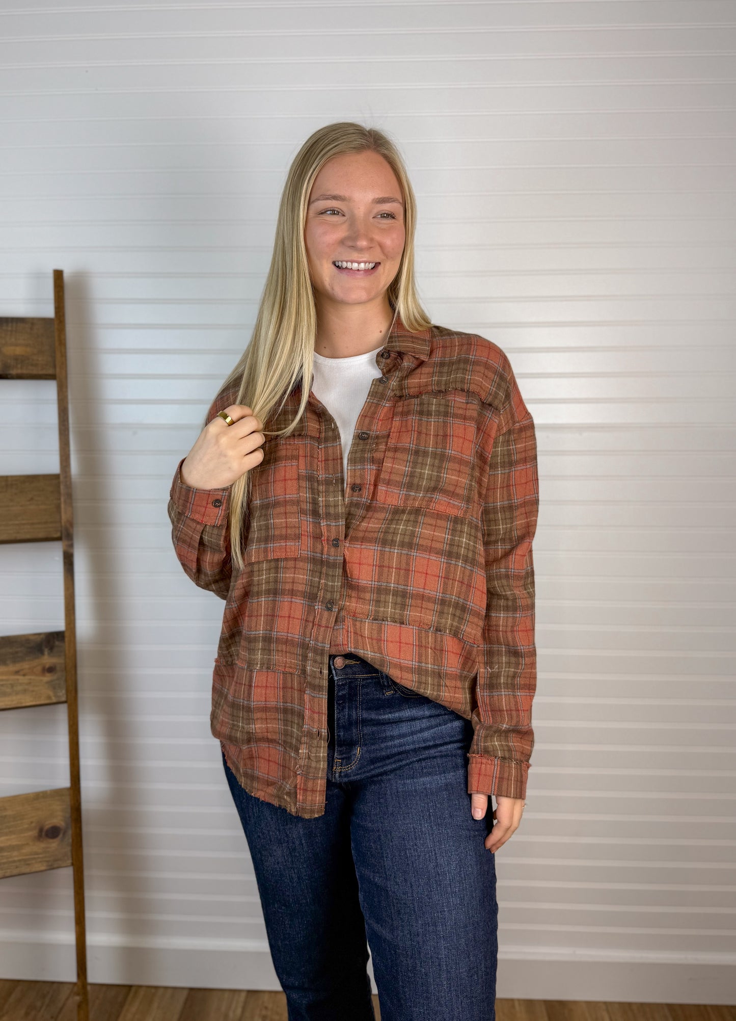 Button Down Washed Plaid Flannel - Rust