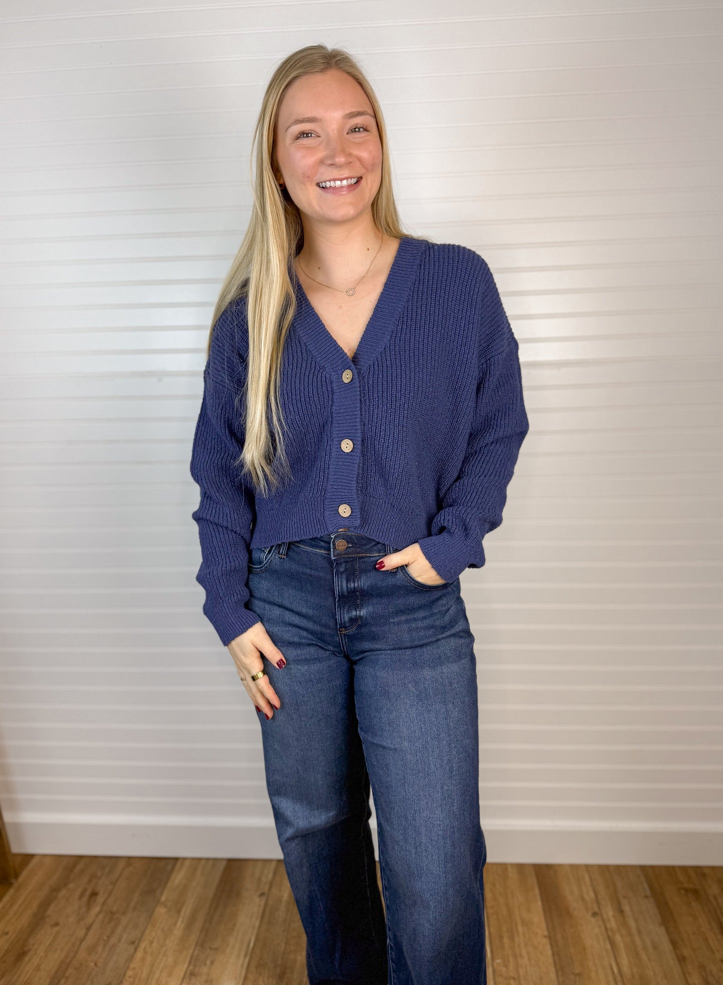 Knit Cotton Button Down Cardigan - Navy