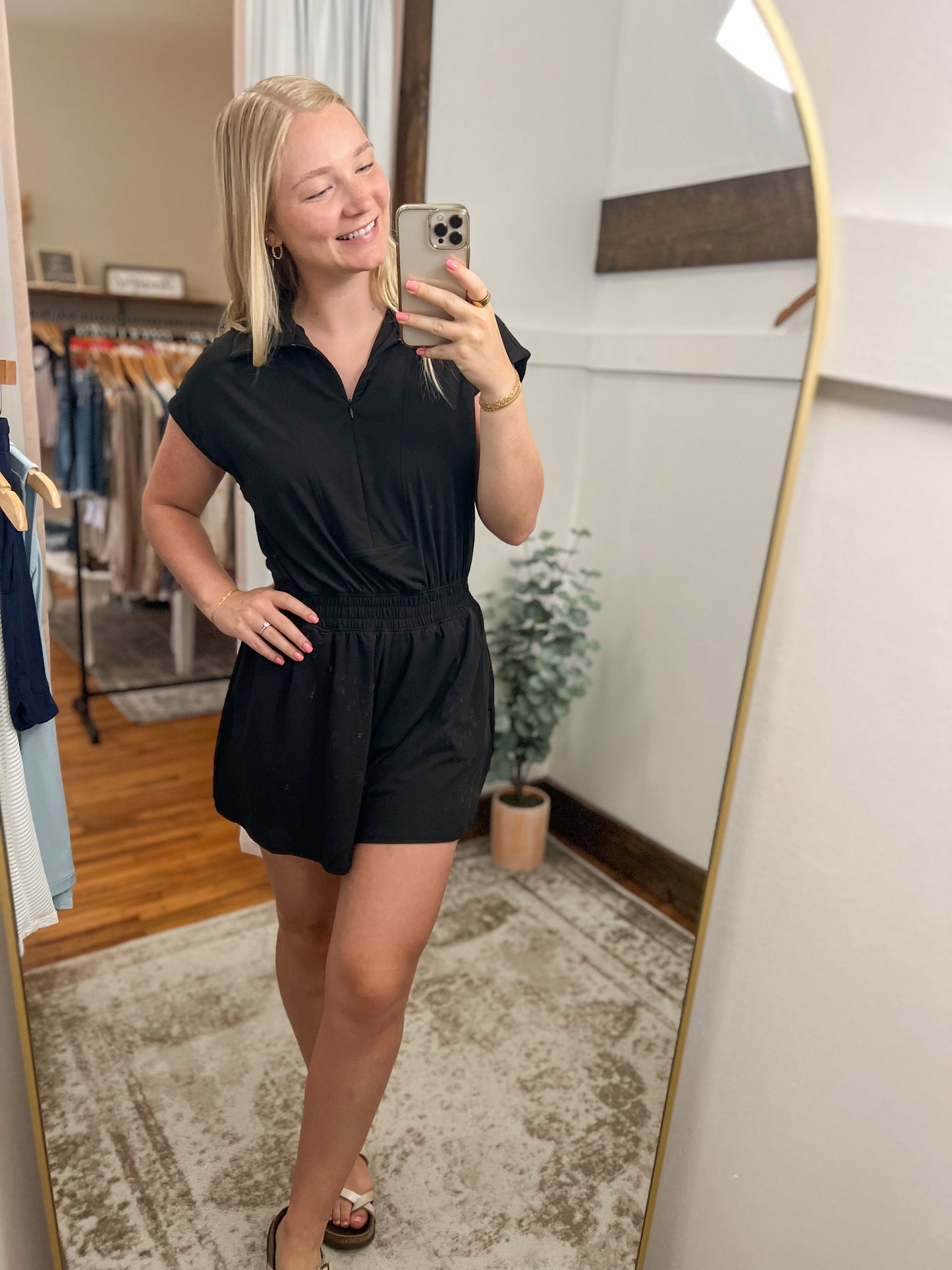 Short Sleeve Quarter Zip Romper - Black