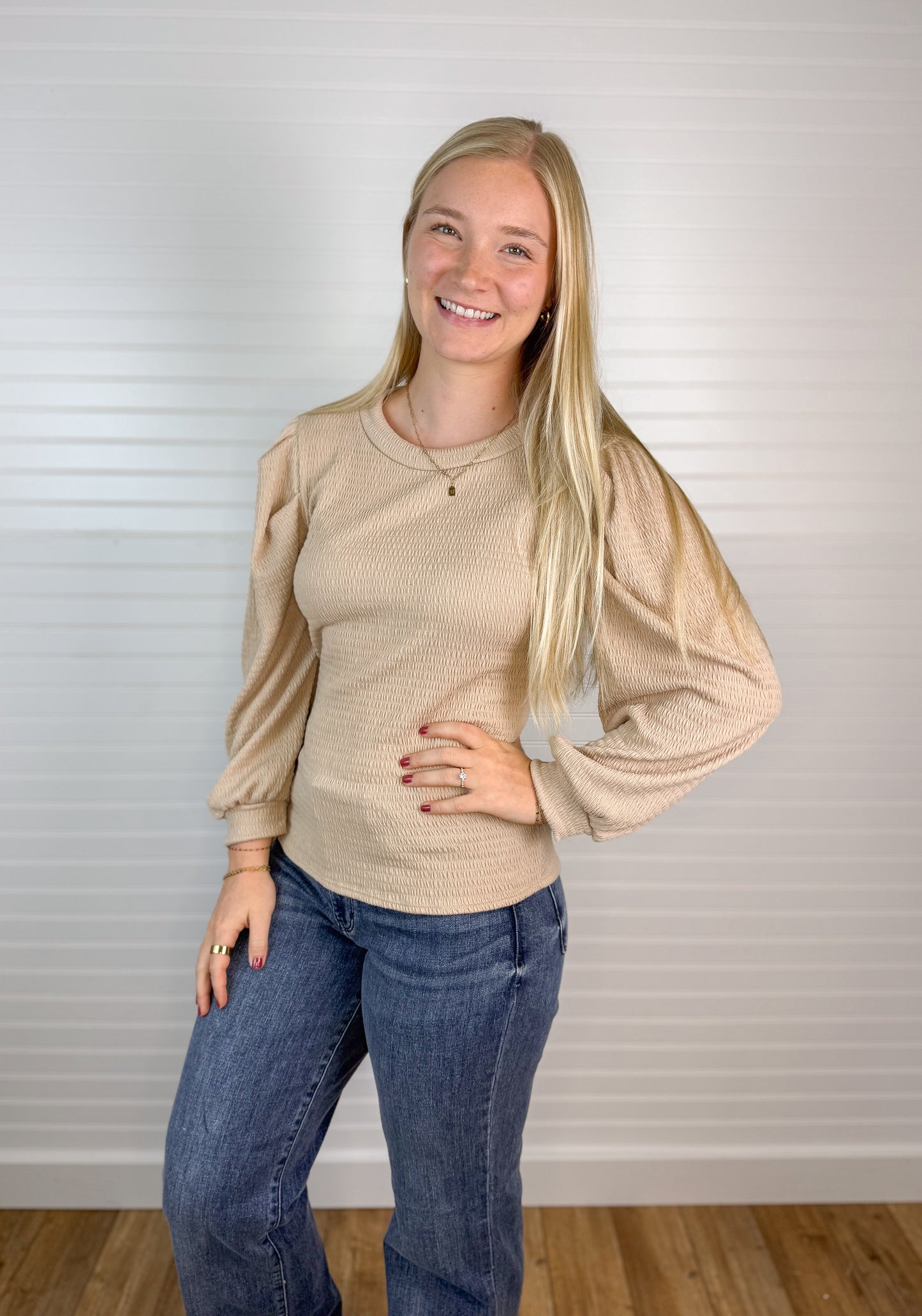 Smocked 3/4 Sleeve Long Sleeve - Sand