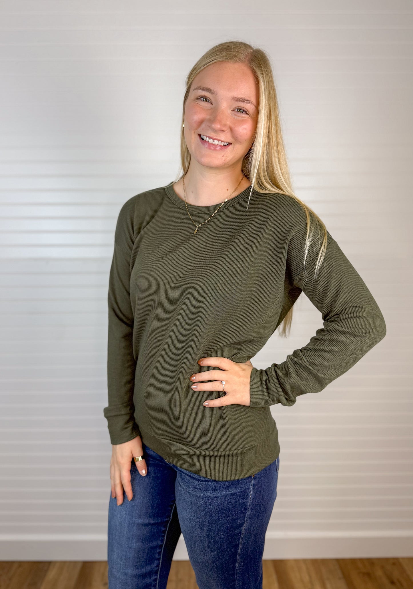 Soft Ribbed Knit Long Sleeve - Olive
