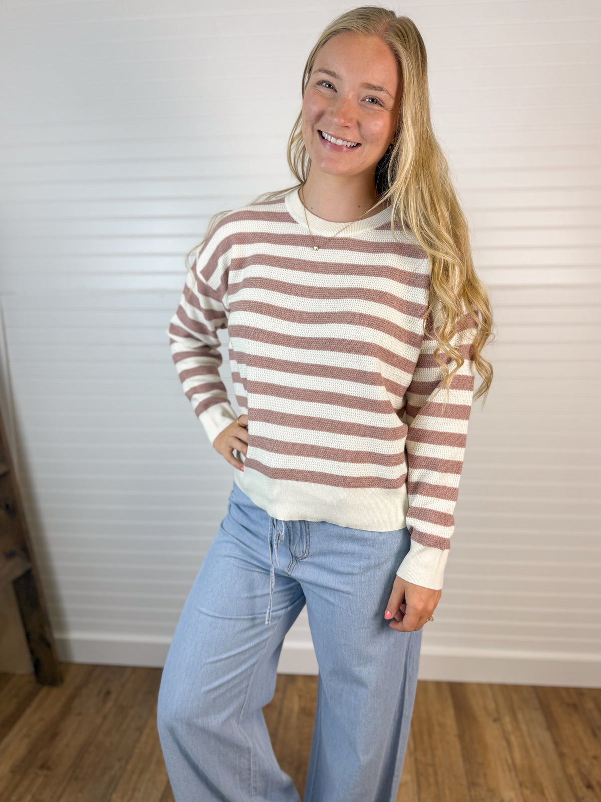 Soft Waffle Striped Sweater - Mauve