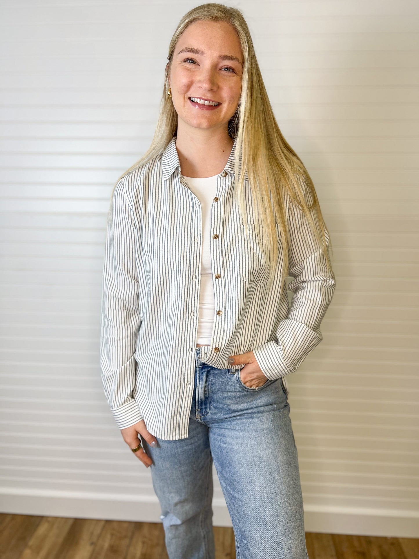 Pinstripe Button Up Long Sleeve Top - Denim/Ivory