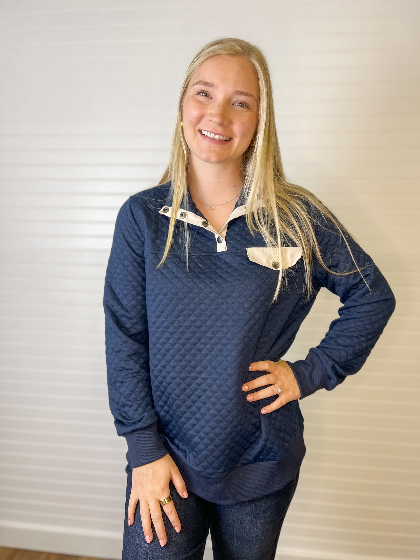 Buttoned Quilted Pullover - Navy