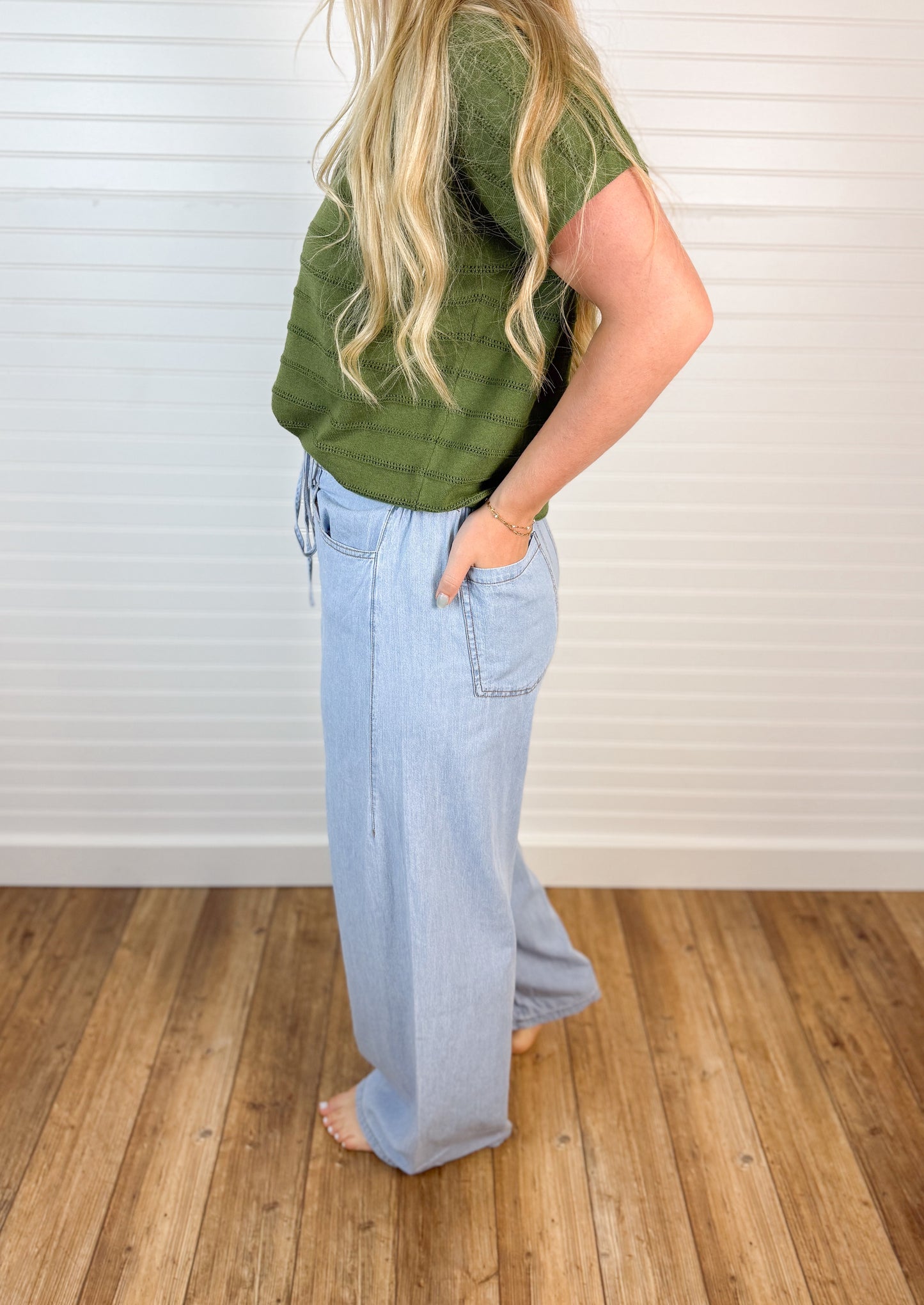 High Waist Drawstring Wide Leg Pant - Denim
