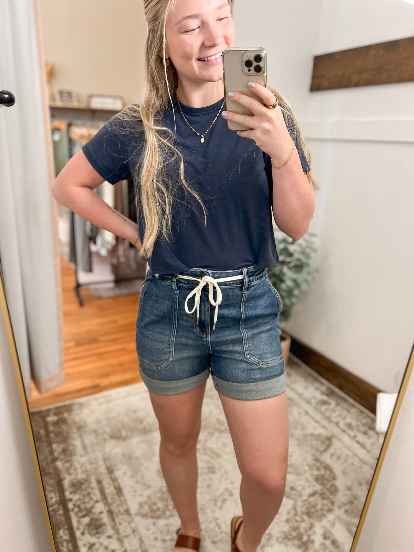 Cuffed Drawstring Denim Shorts - Dark