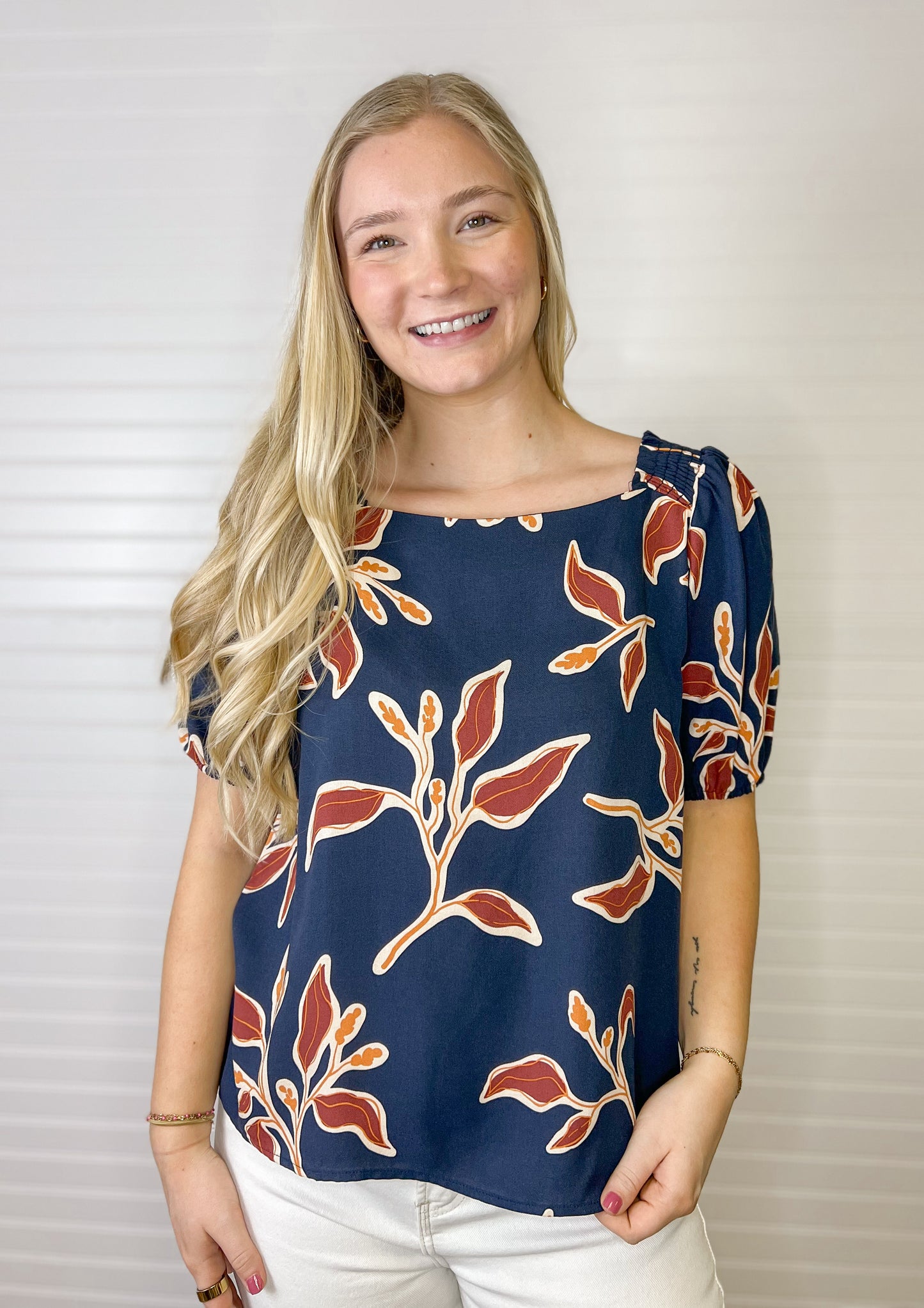 Square Neck Smocked Floral Top - Navy