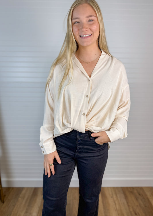 Twist Front Button Up Blouse - Vanilla