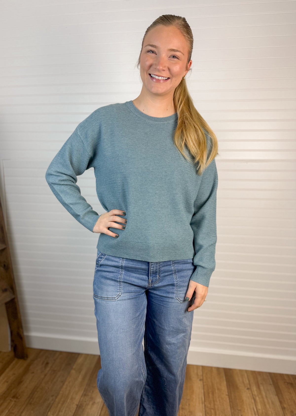 Rice Knit Crewneck Sweater - Dusty Teal