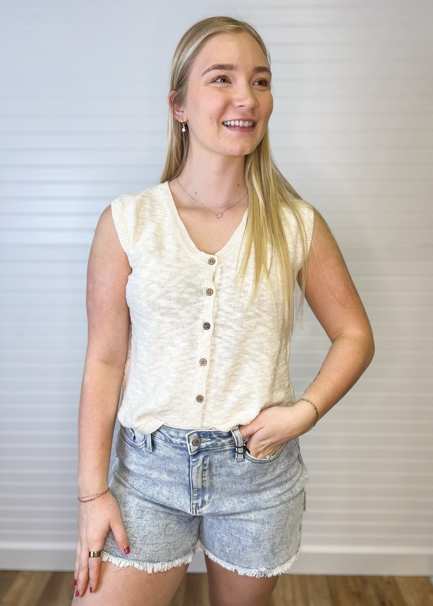 Cotton Button Up Sweater Top - Natural