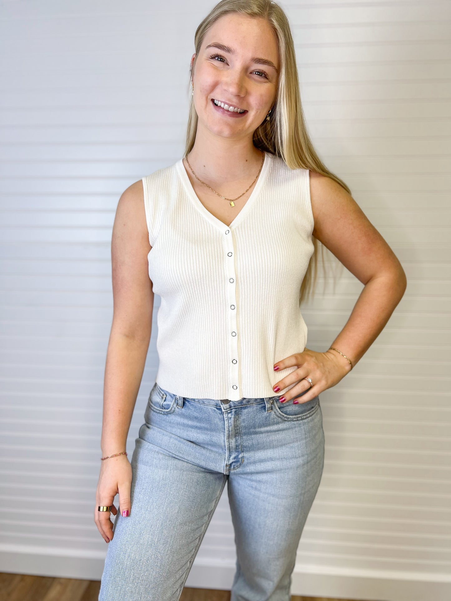 Ribbed Knit Button-Up Sweater Tank - Ivory