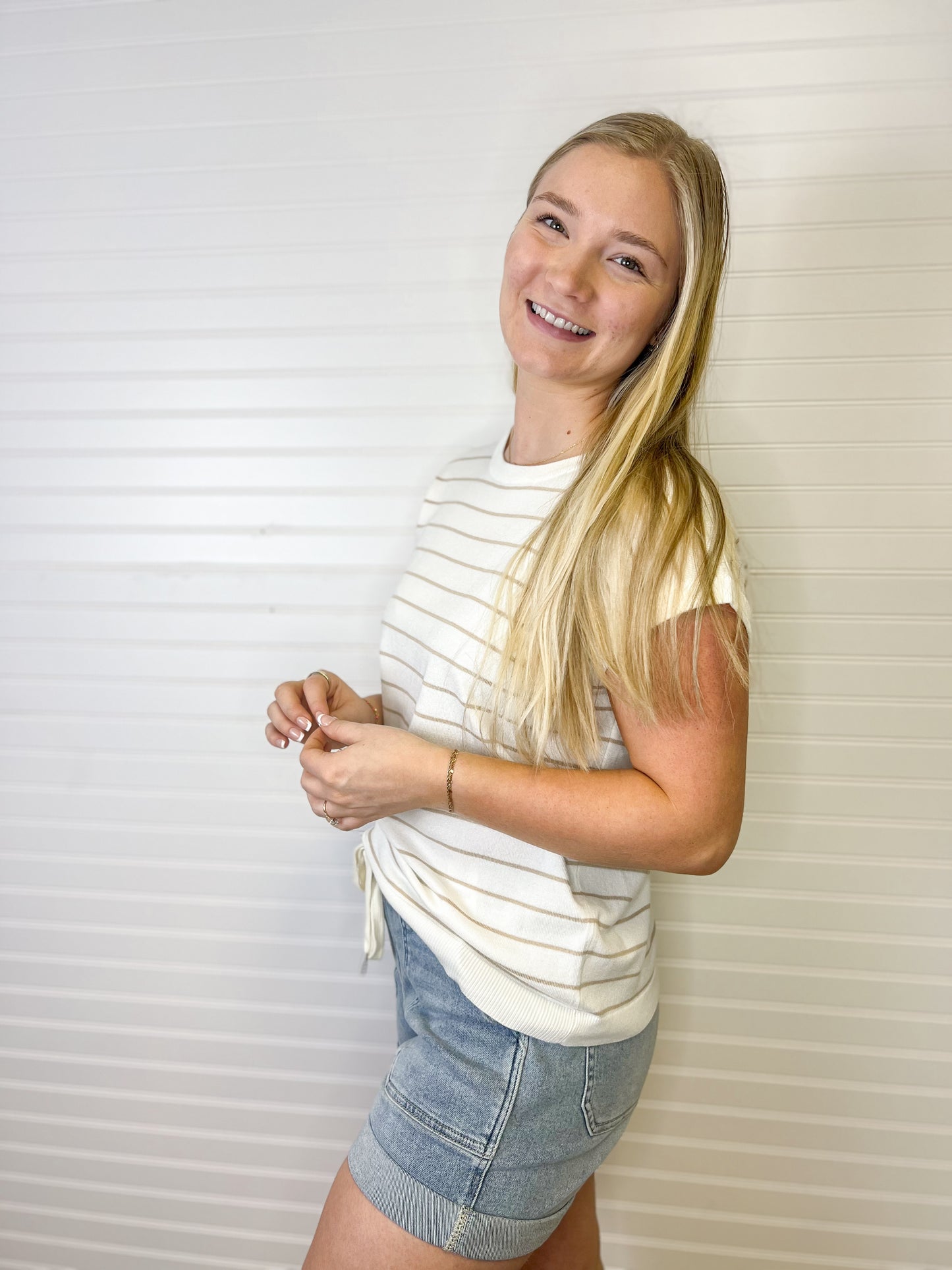Striped Short Sleeve Sweater - Ivory/Taupe