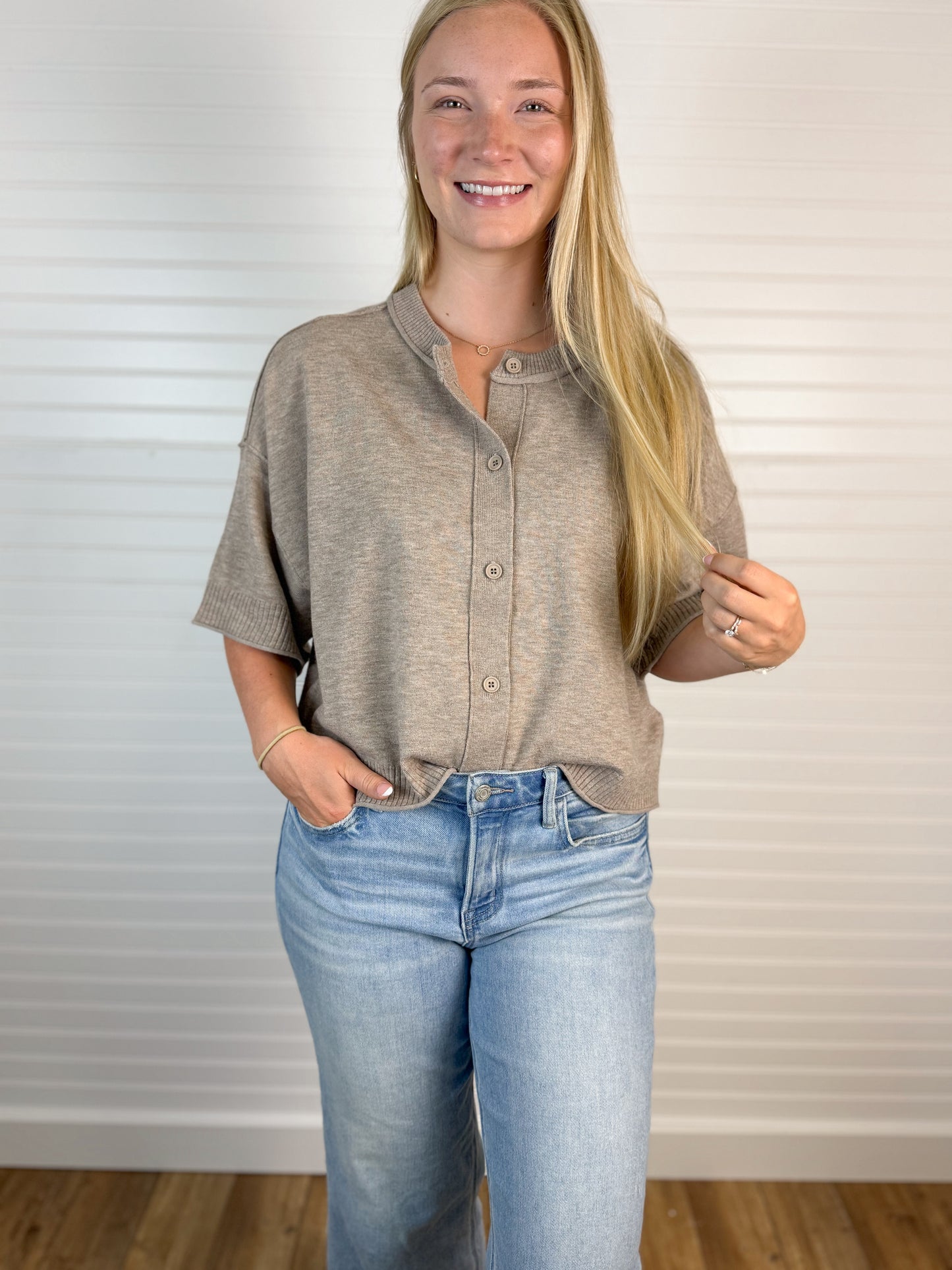 Dreamy Short Sleeve Button Up Sweater - Taupe