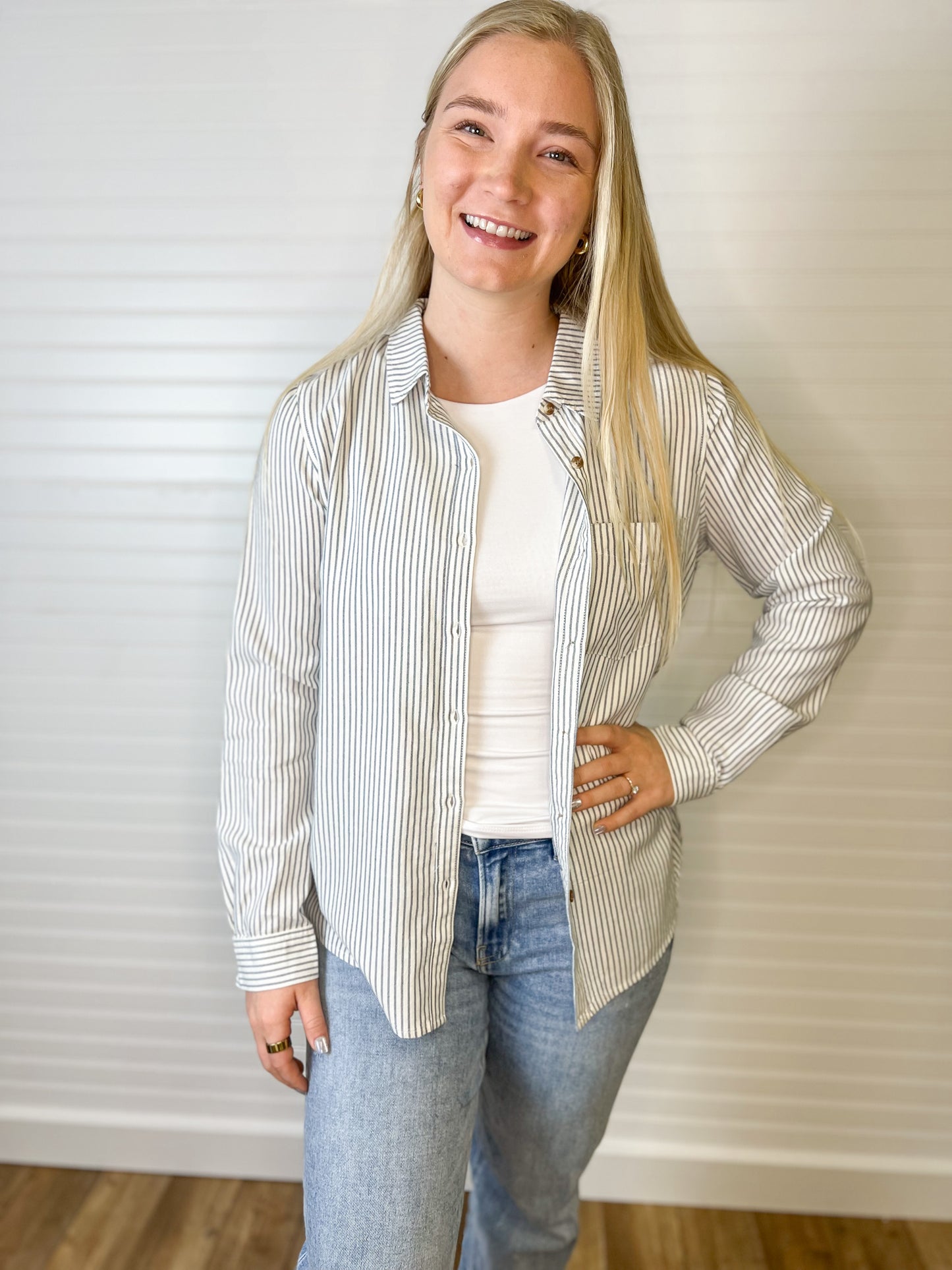 Pinstripe Button Up Long Sleeve Top - Denim/Ivory
