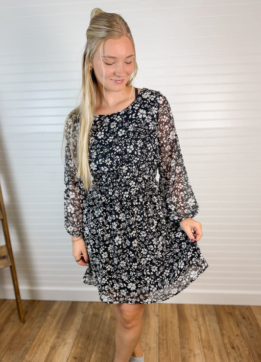 Long Sleeve Floral Mini Dress - Black/Ivory