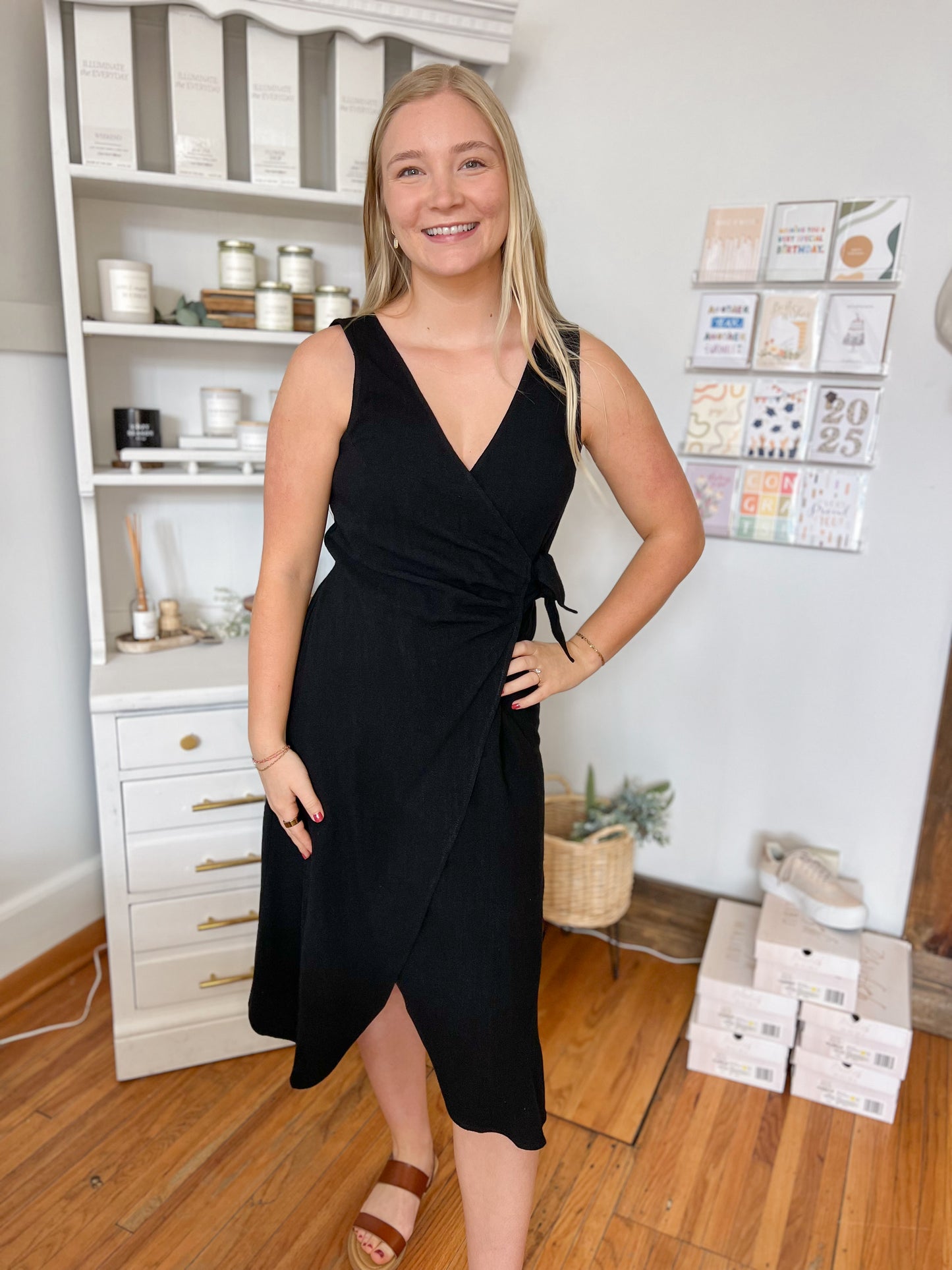 Linen Blend Tie Midi Dress - Black