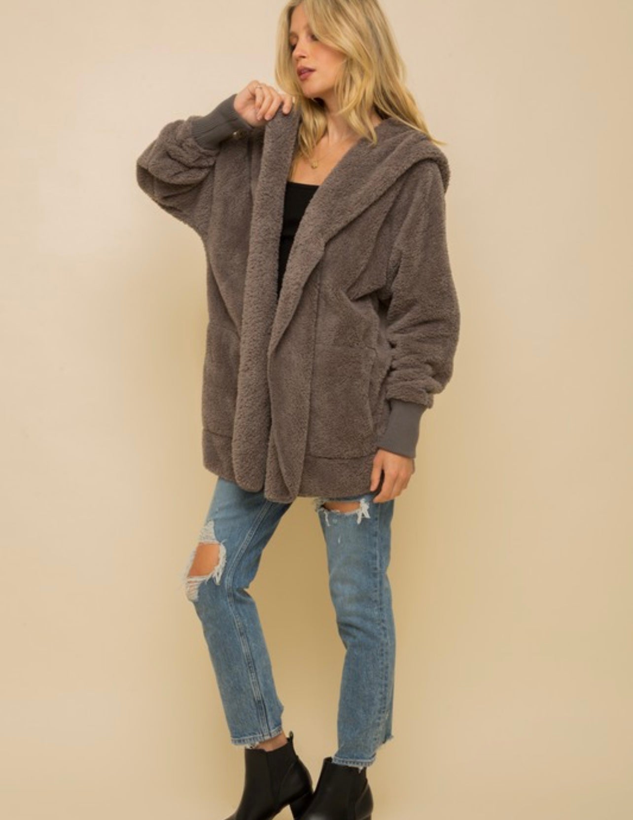 Faux Fur Hooded Jacket - Charcoal