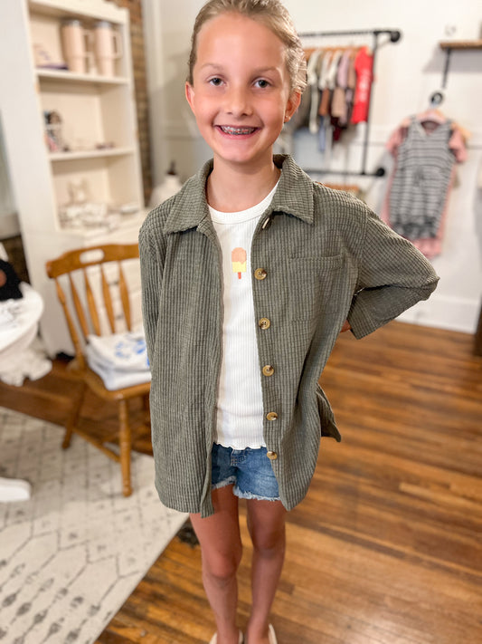 Girls Velvet Yarn Shacket - Olive