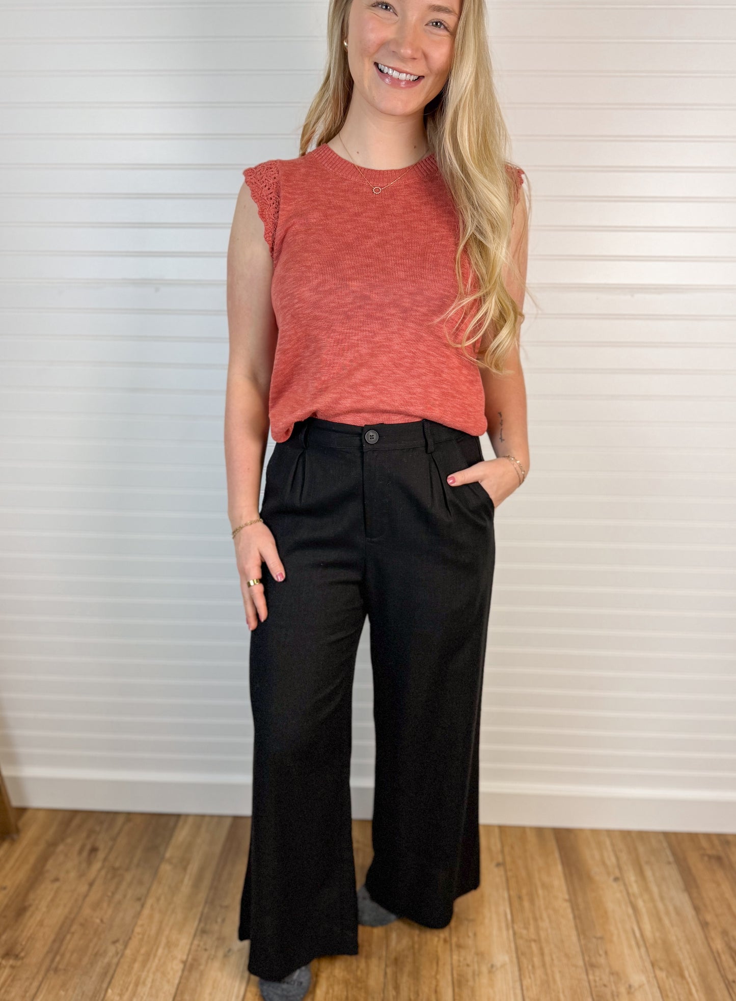 Wide Leg Linen Trouser Pants - Black