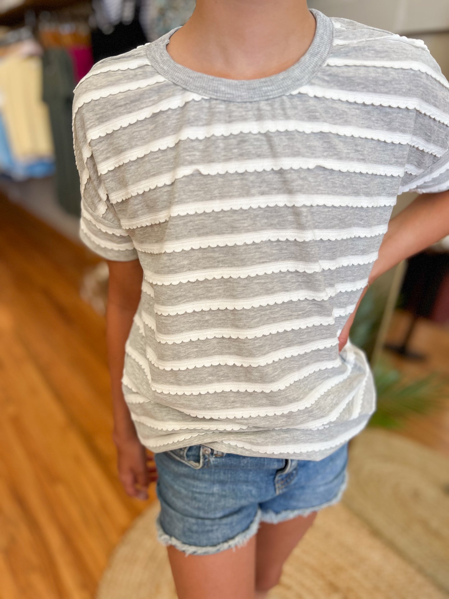 Girls Lace Striped Tee - Gray