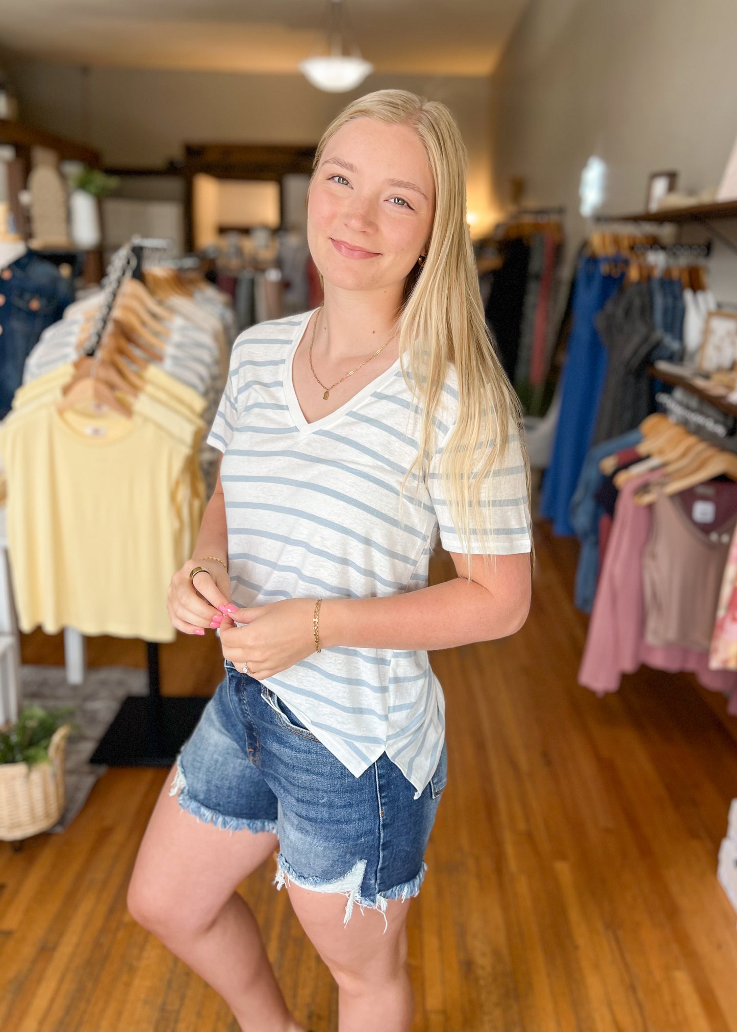 Cotton Linen Blend Striped Tee - Chambray