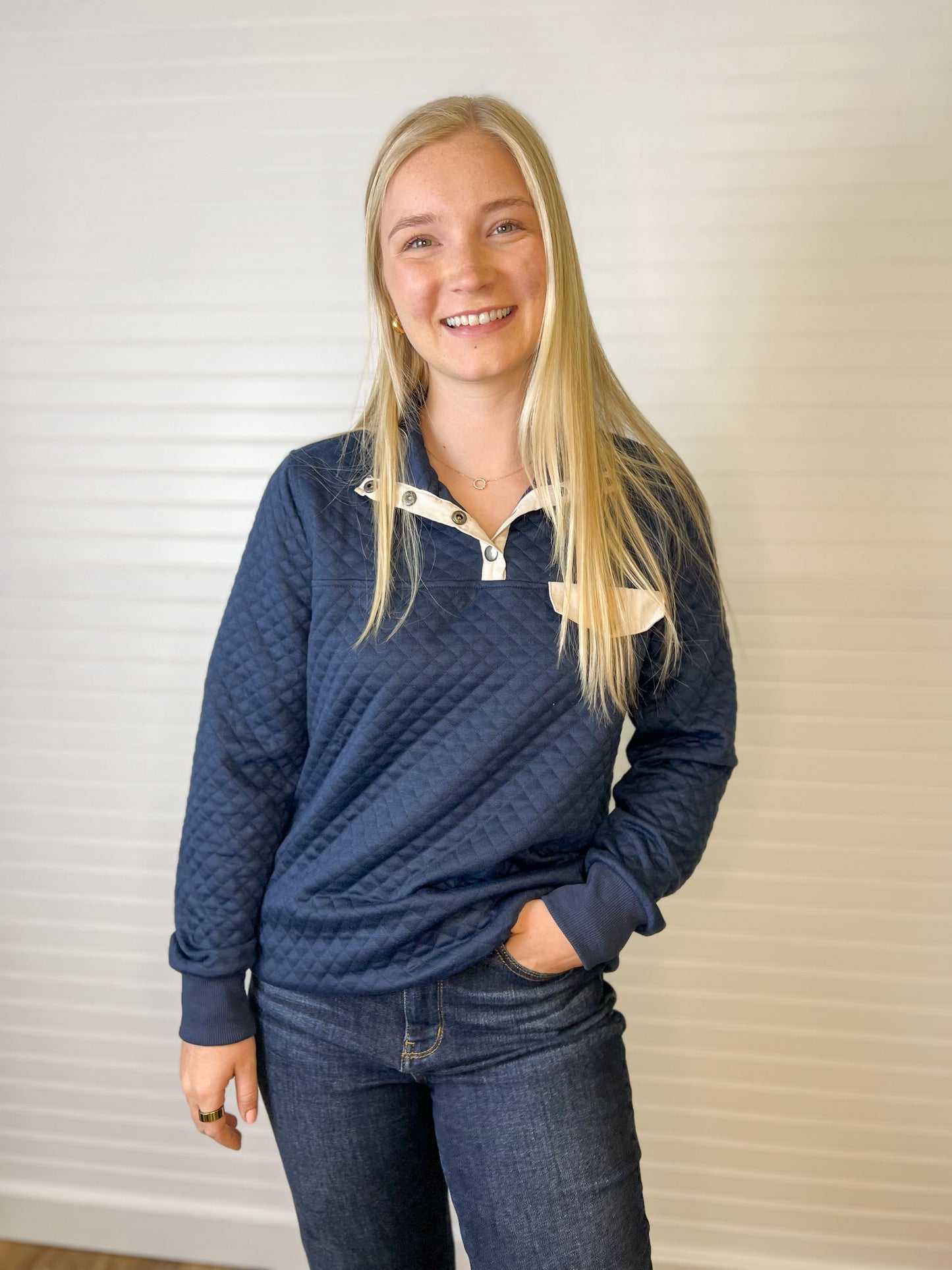 Buttoned Quilted Pullover - Navy