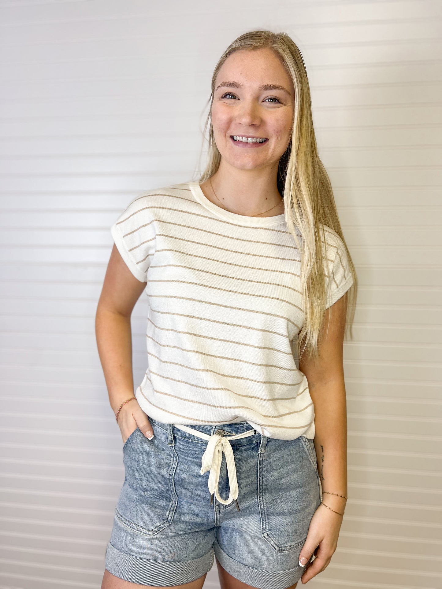Striped Short Sleeve Sweater - Ivory/Taupe