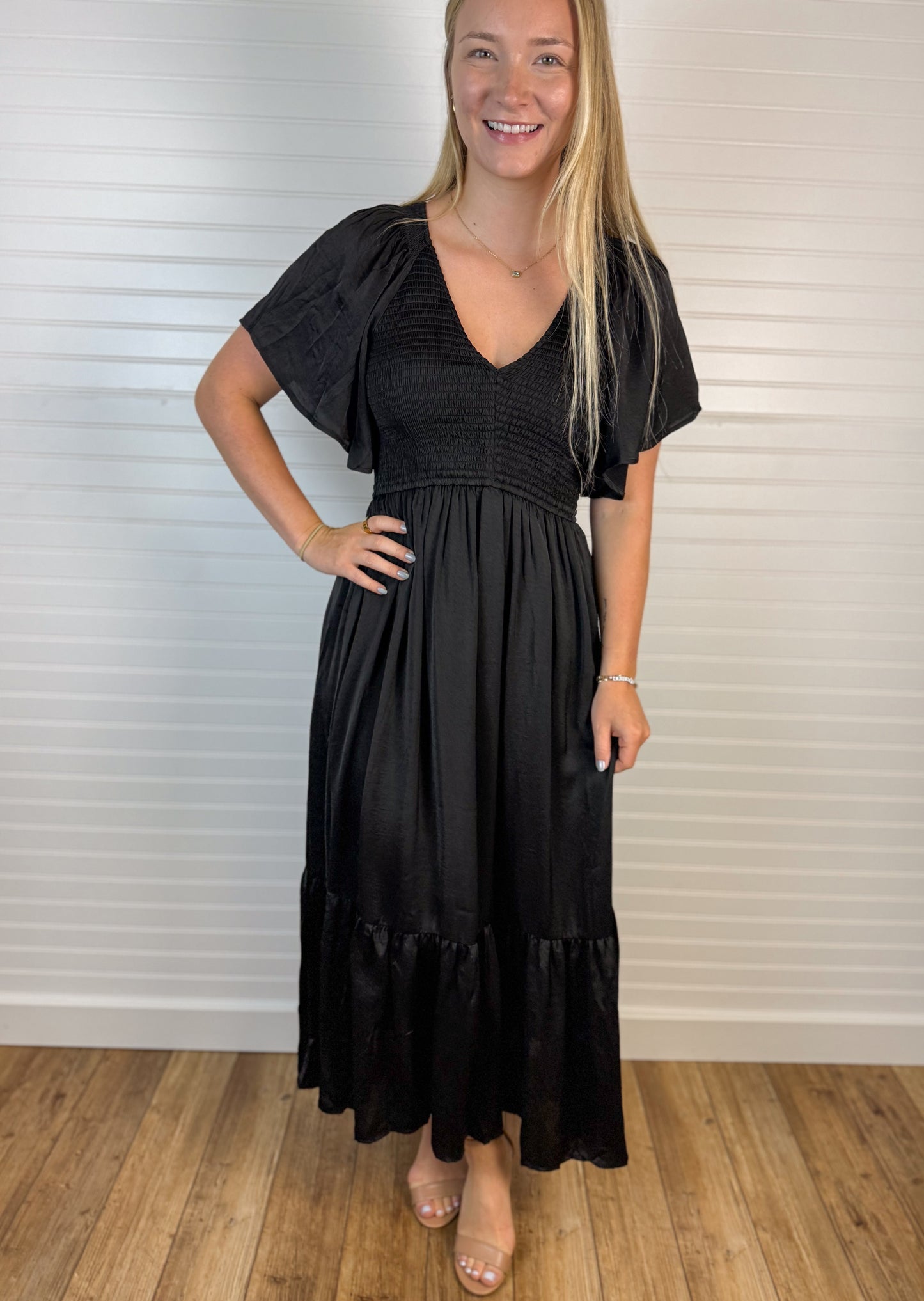 Smocked Waist Satin Midi Dress - Black