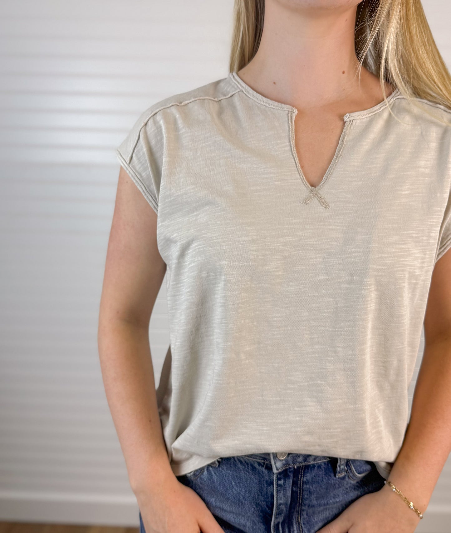 Garment Dyed Split Neck Cotton Tee - Stone
