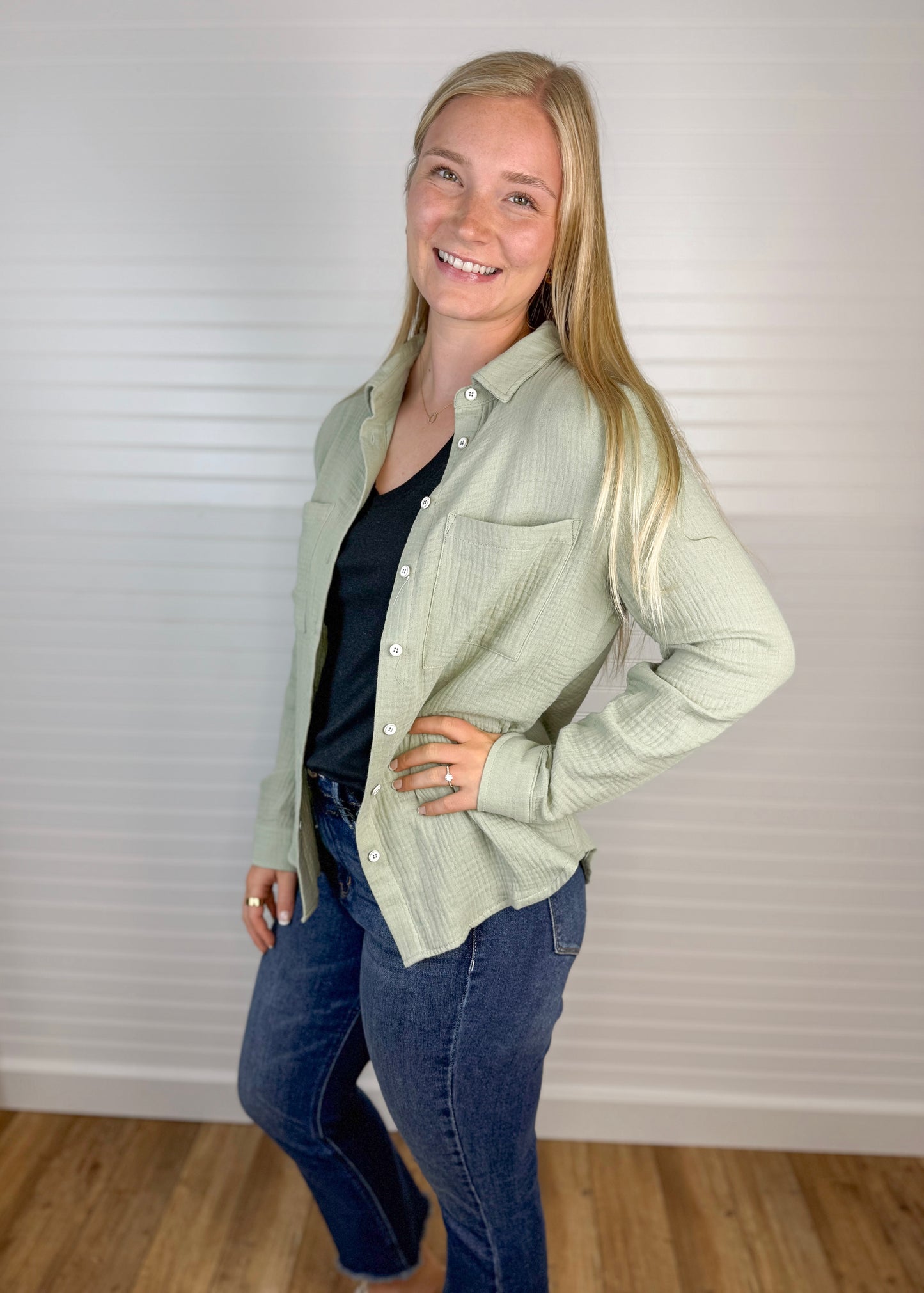 Cotton Gauze Button Up Shirt - Sage