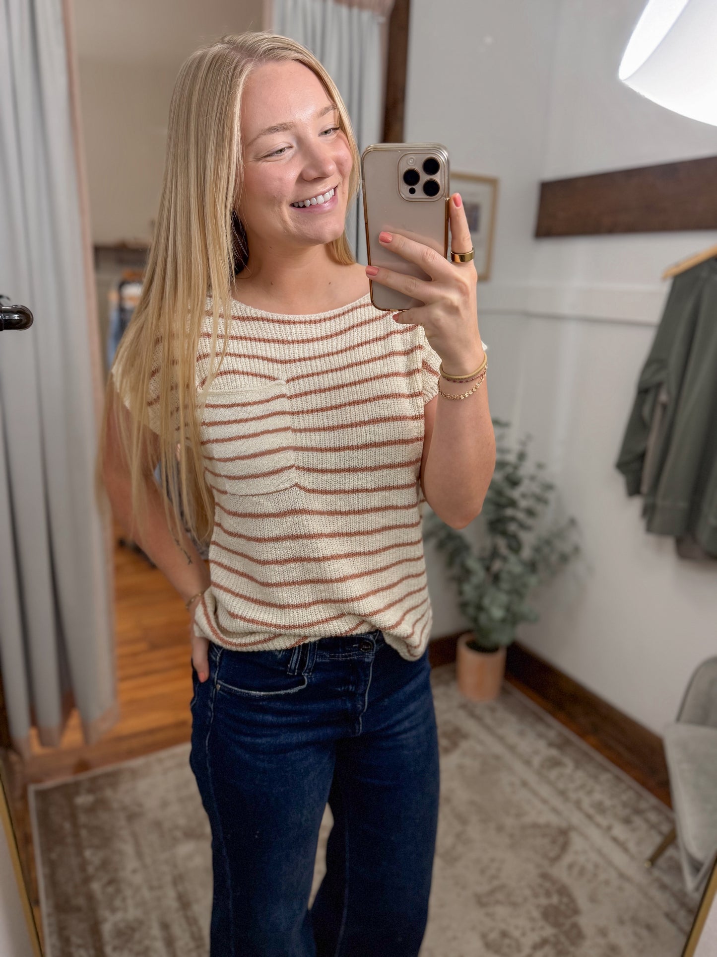 Striped Knit Boat Neck Top - Ivory/Terracotta