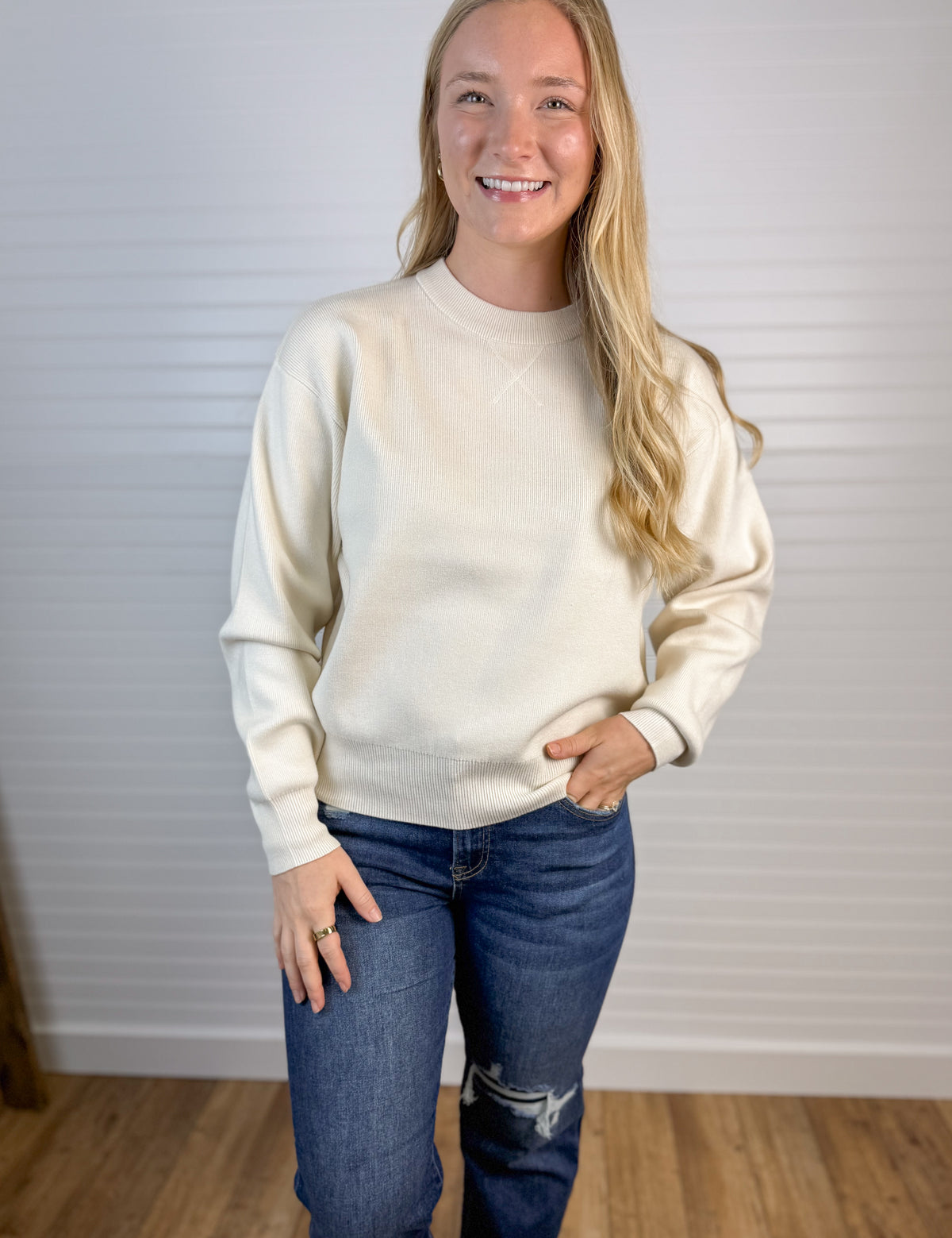 Ribbed Knit Pullover Sweater - Vanilla